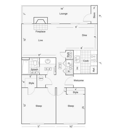 Floor plan for 2 beds, 1 bath, 875 sqft